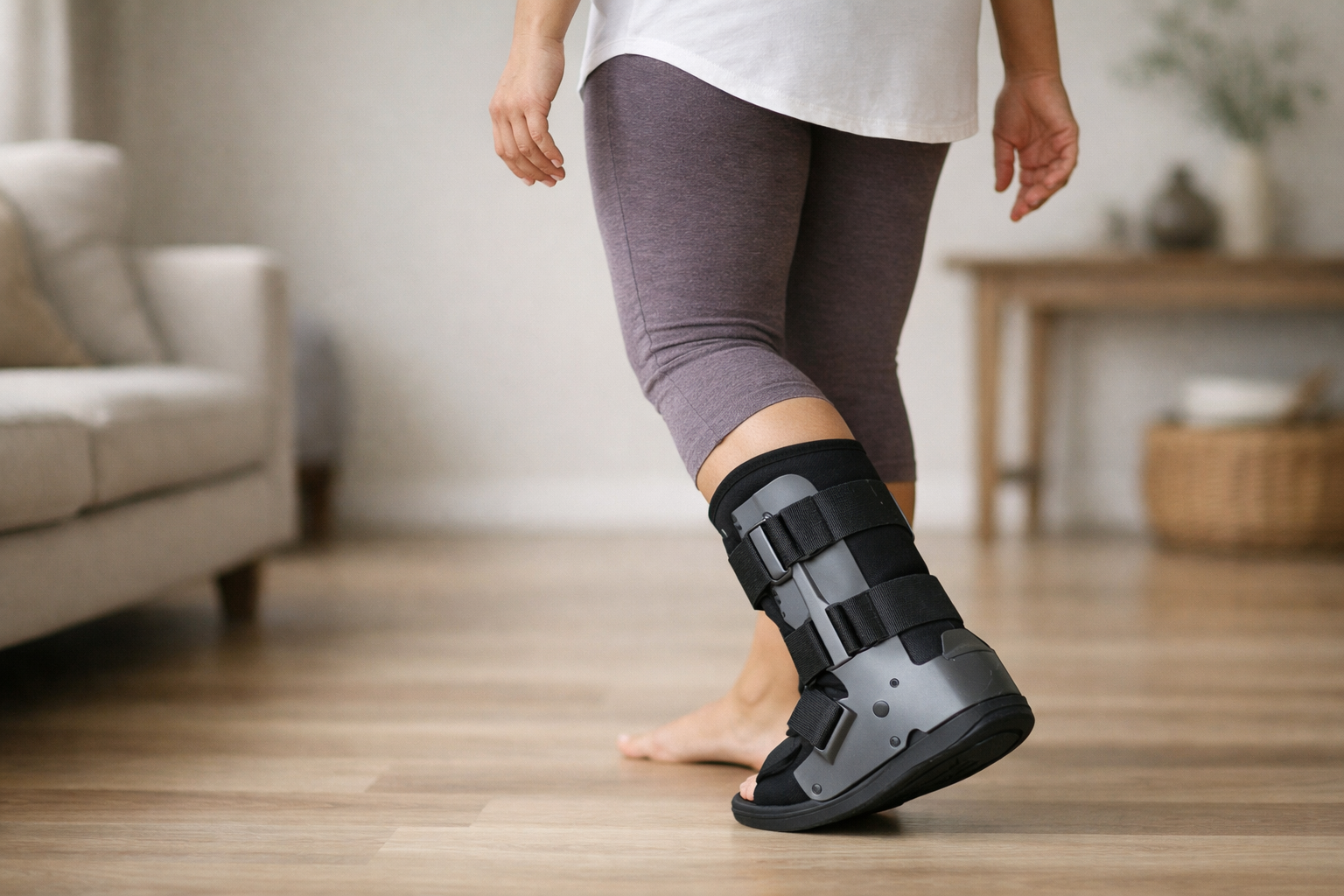 Person wearing a protective walking boot for stress fracture immobilization and offloading