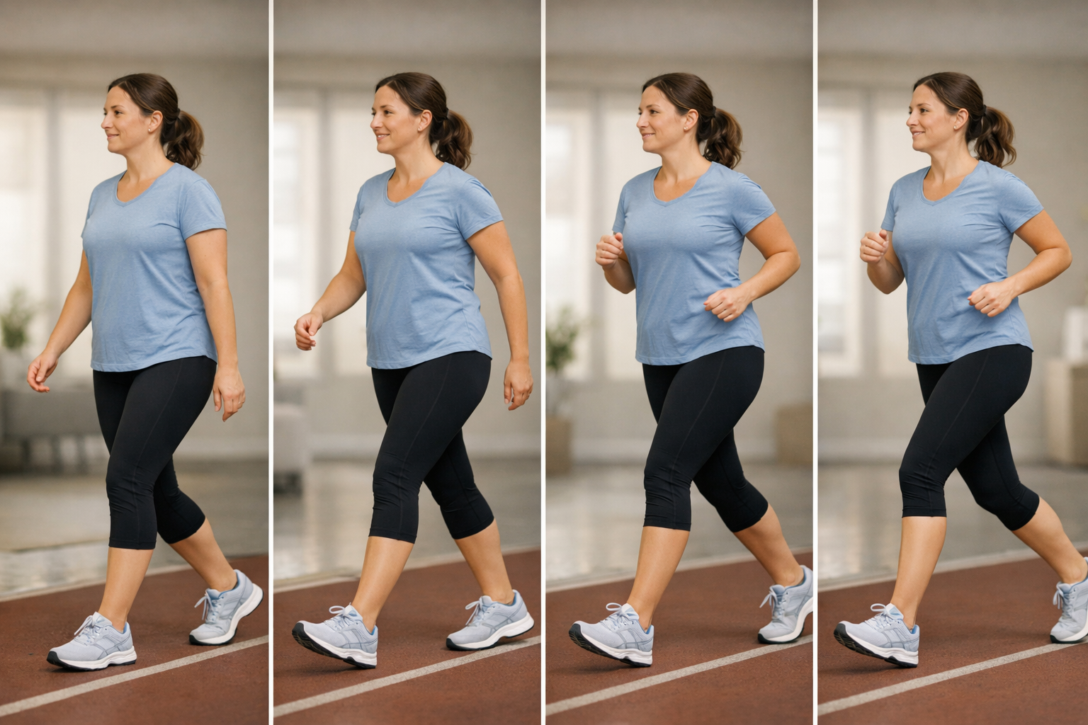 Sequence showing the gradual progression from walking to running during stress fracture recovery rehabilitation