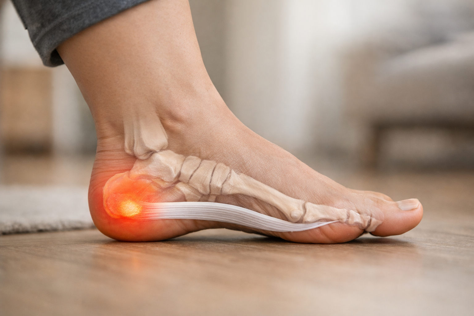 Diagram of foot anatomy showing plantar fascia running along the bottom of the foot with the heel attachment highlighted