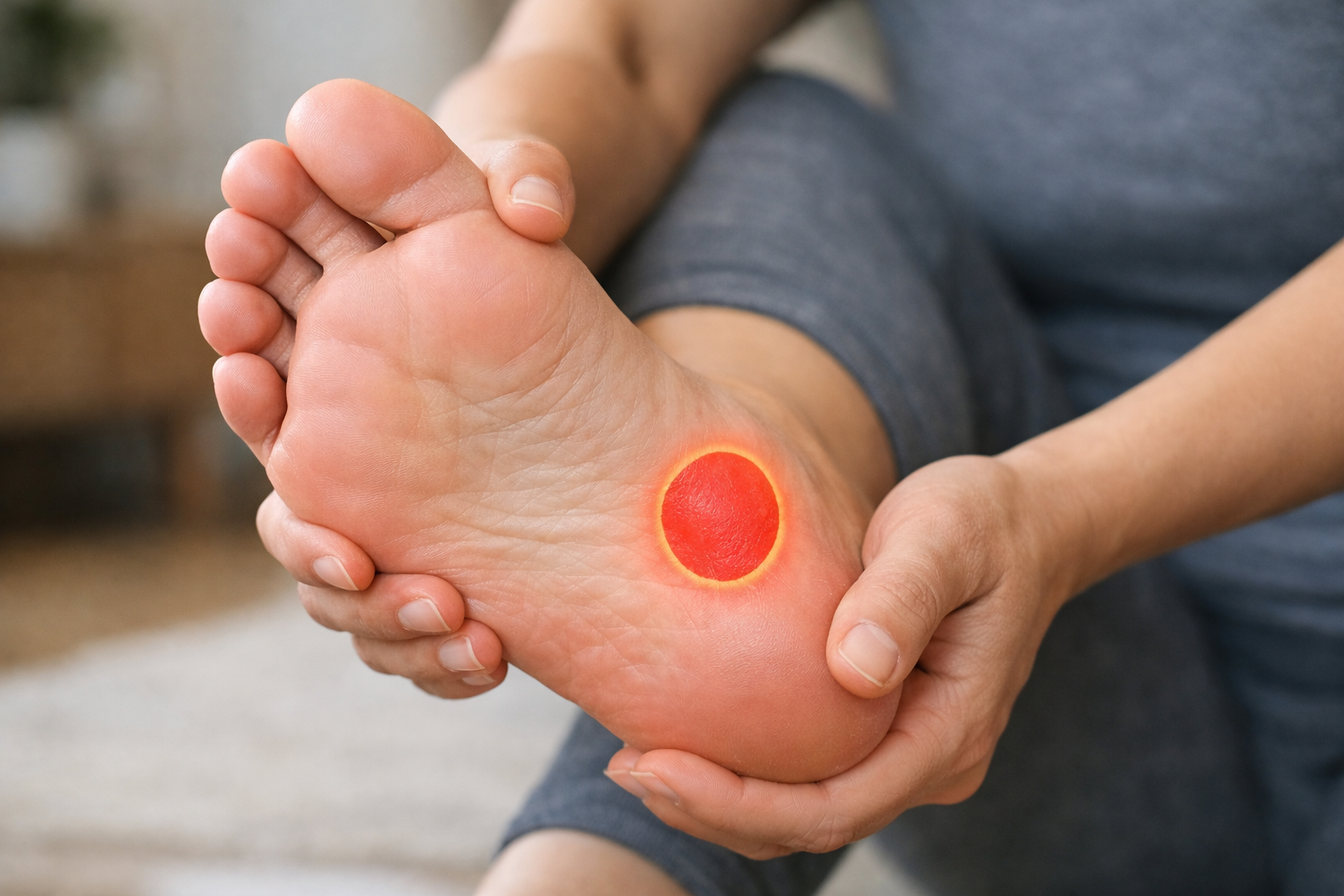 Close-up diagram of heel showing the specific tender point location on the inner bottom of the heel where plantar fasciitis pain concentrates