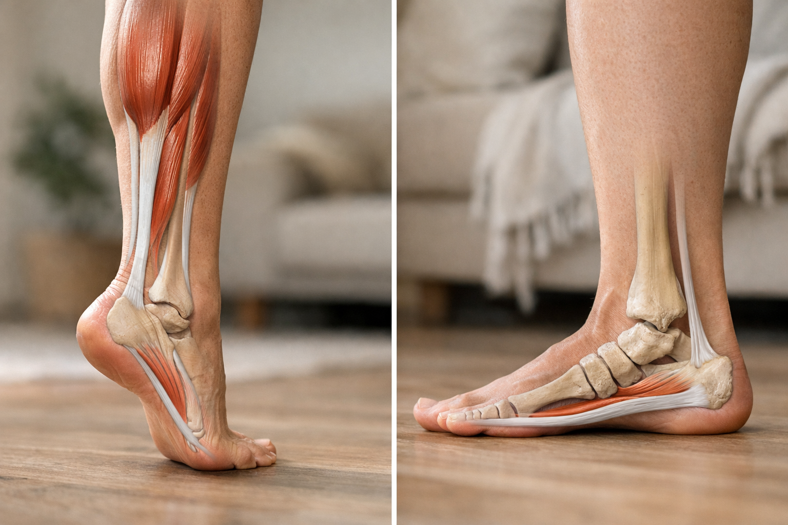 Anatomical diagram comparing the plantar fascia to nearby structures like the Achilles tendon and foot bones to show what causes different pain patterns