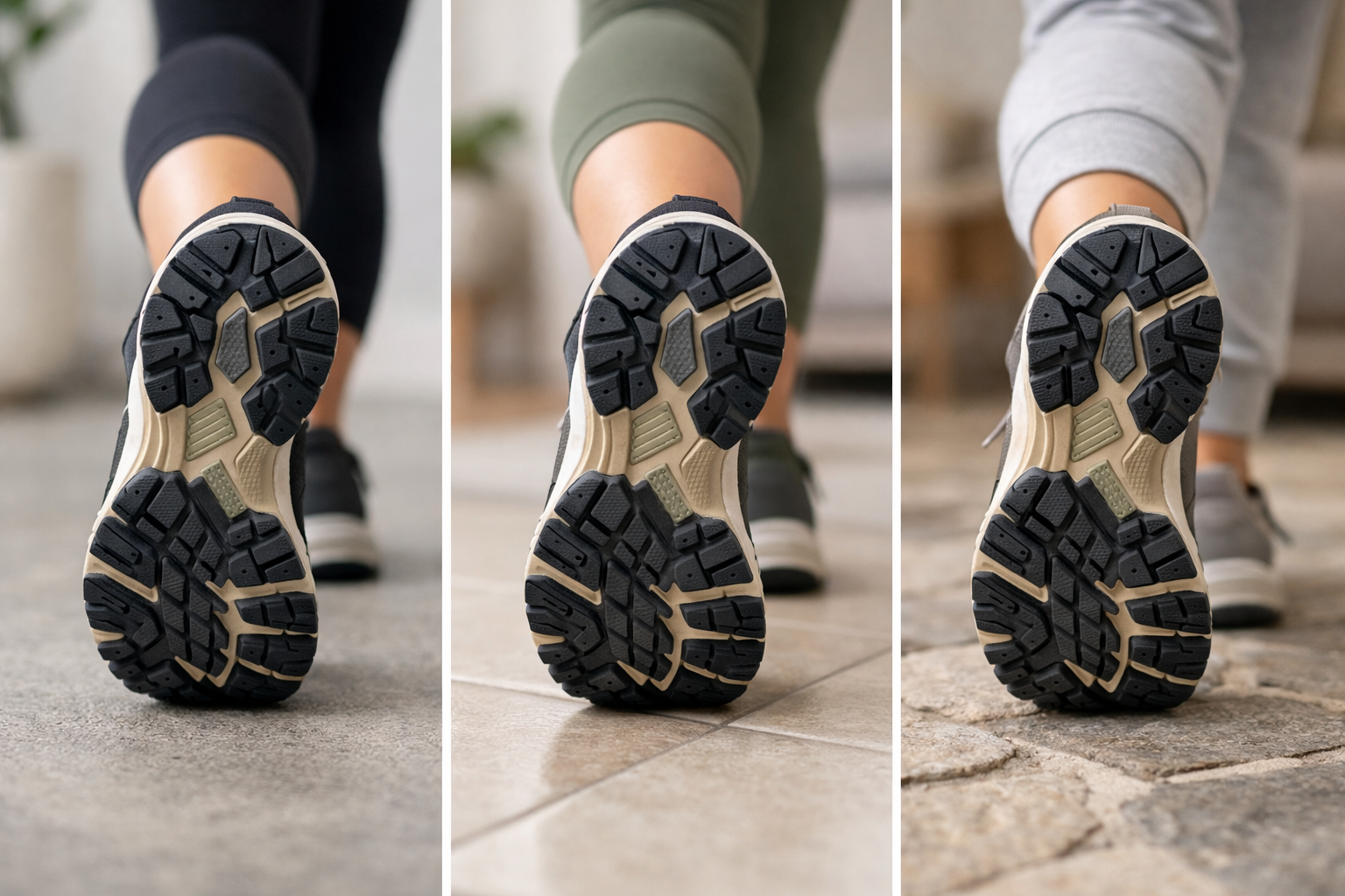 Detailed view of a supportive shoe sole with good traction and ground contact on varied textures