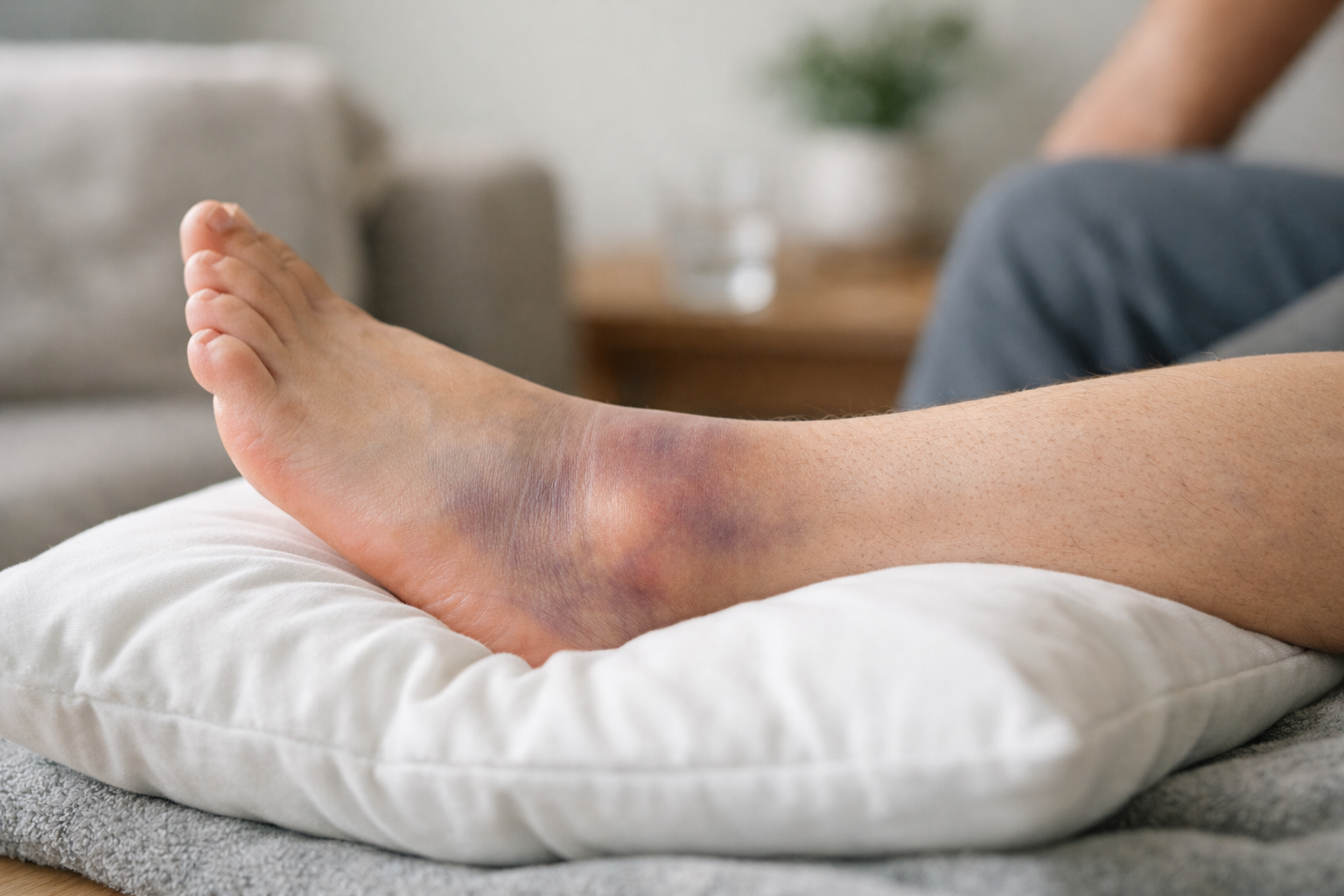 Sprained ankle with swelling elevated on a pillow for recovery