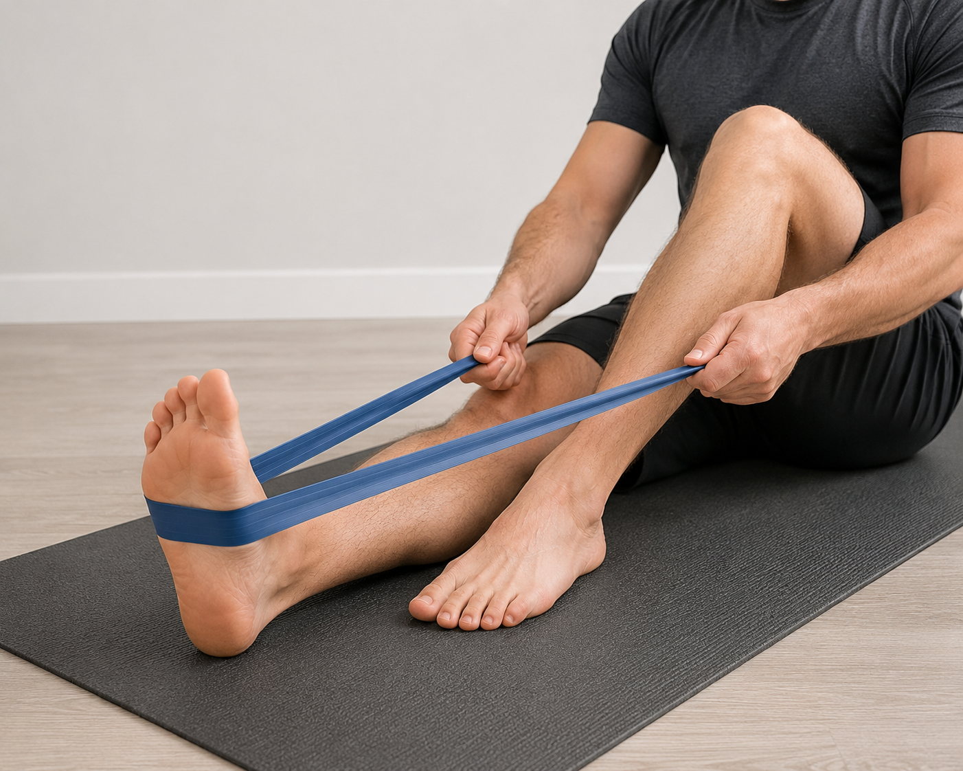 Person performing ankle strengthening exercise with flat resistance band while seated