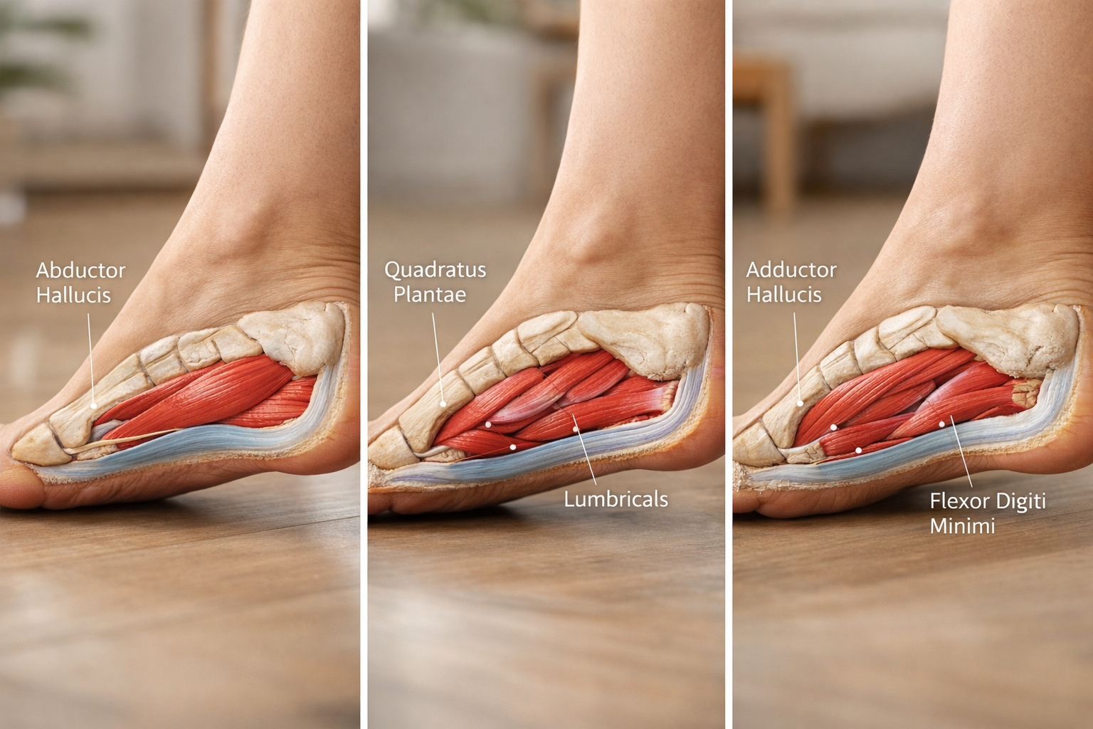 Anatomical cross-section illustration of intrinsic foot muscles and arch structure