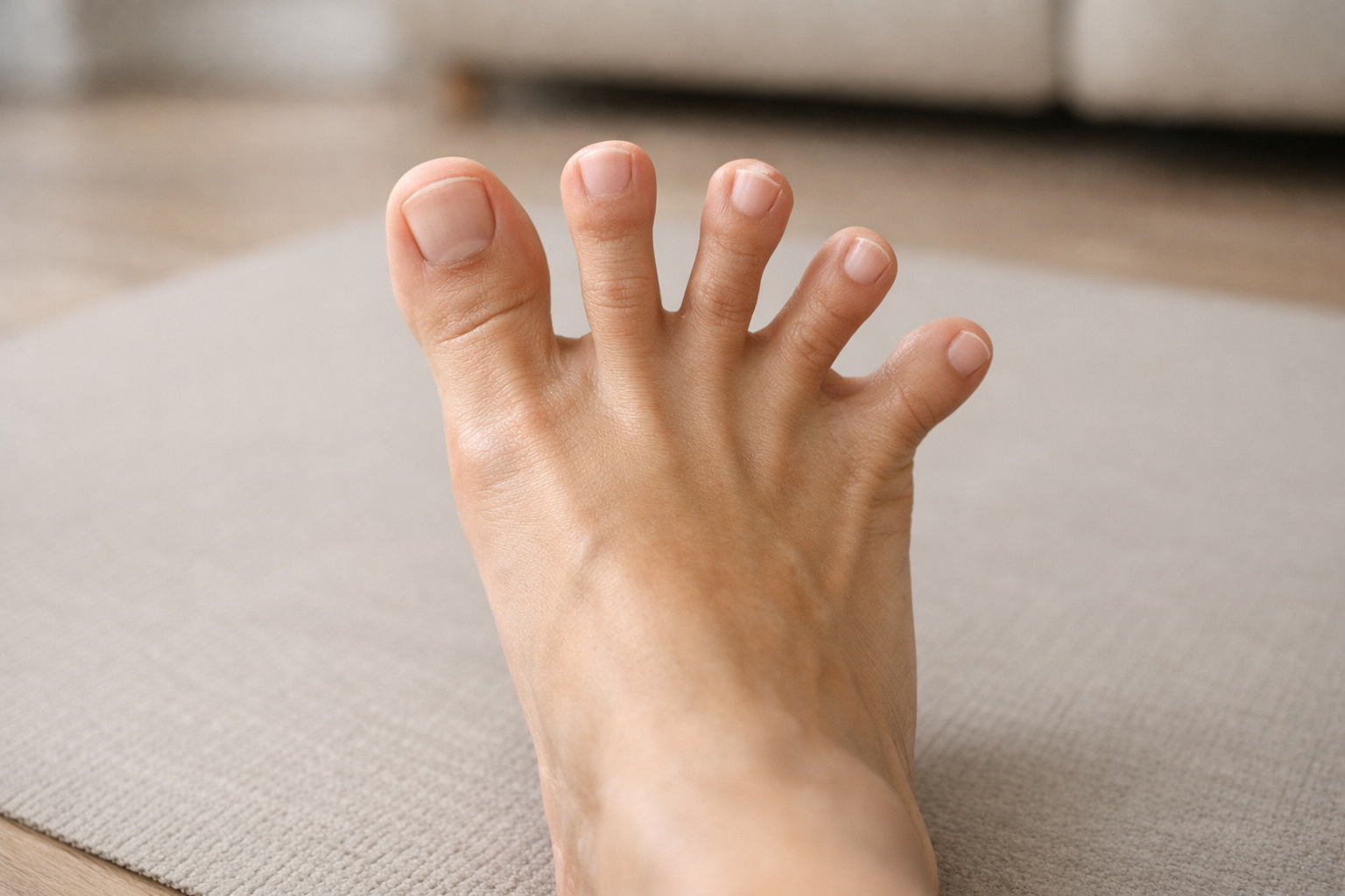 Close-up of toes actively spread apart during toe spreading exercise