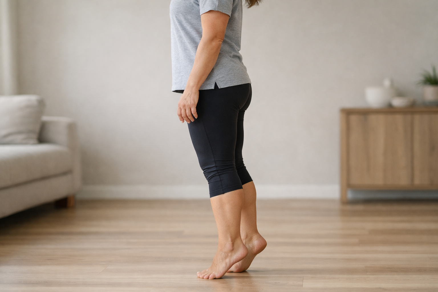 Person performing a controlled heel raise exercise for calf and foot strengthening