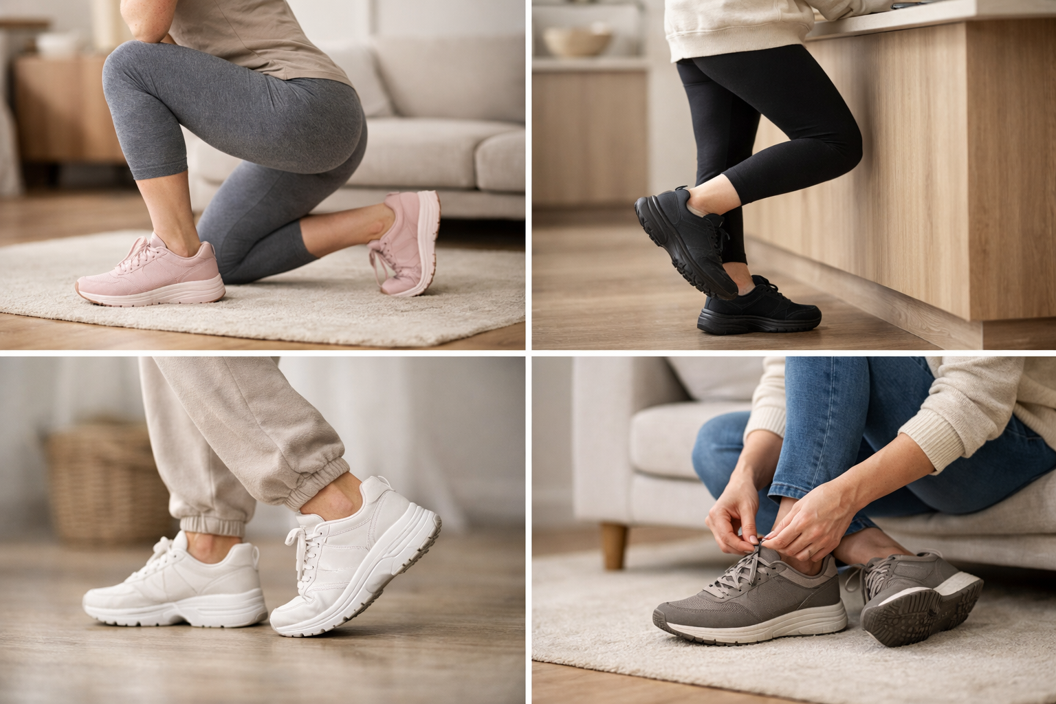Selection of supportive shoes with varying cushioning, heel drop, and heel collar designs suitable for heel spur management