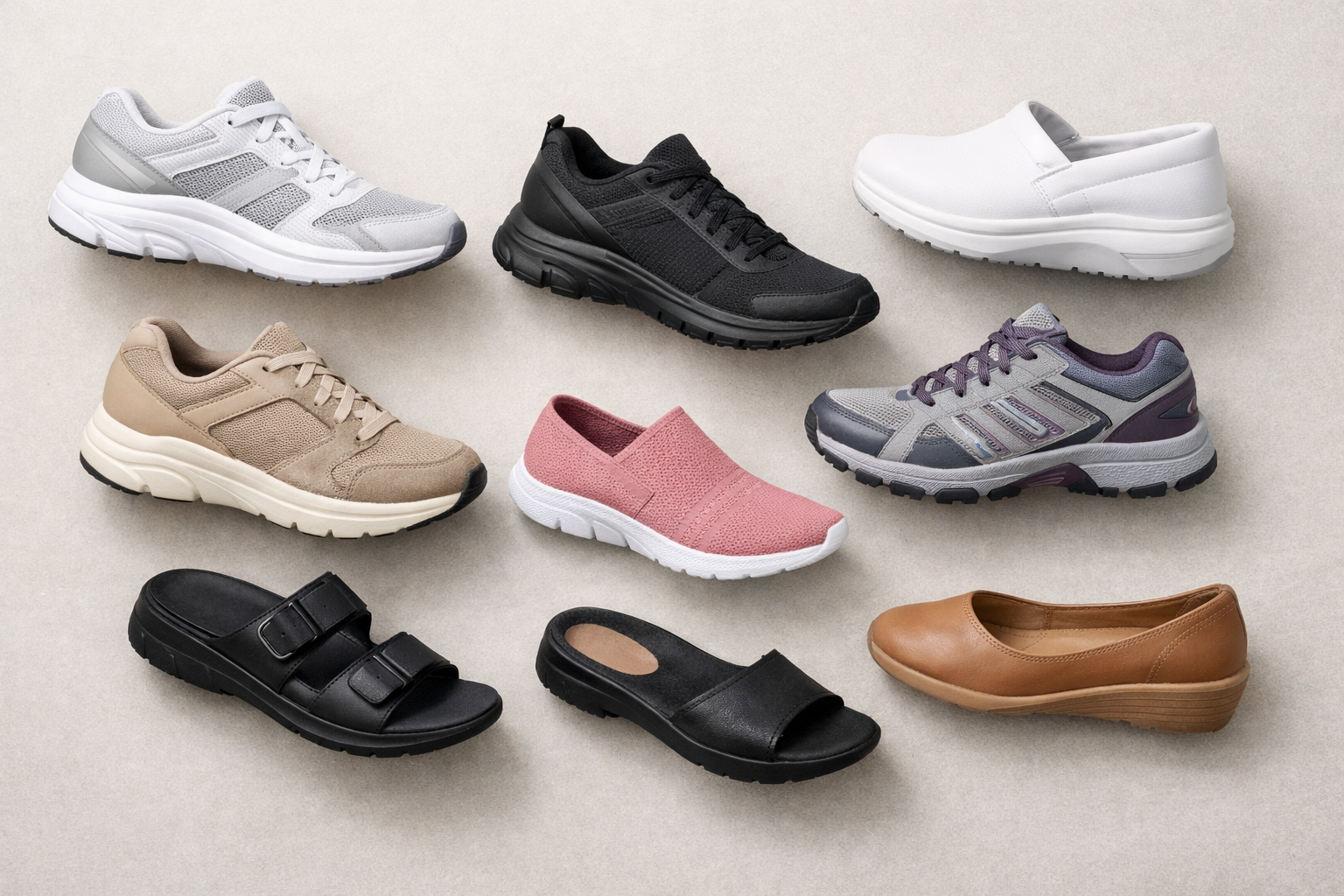 Collection of supportive shoes with varying cushioning and heel-to-toe drop options
