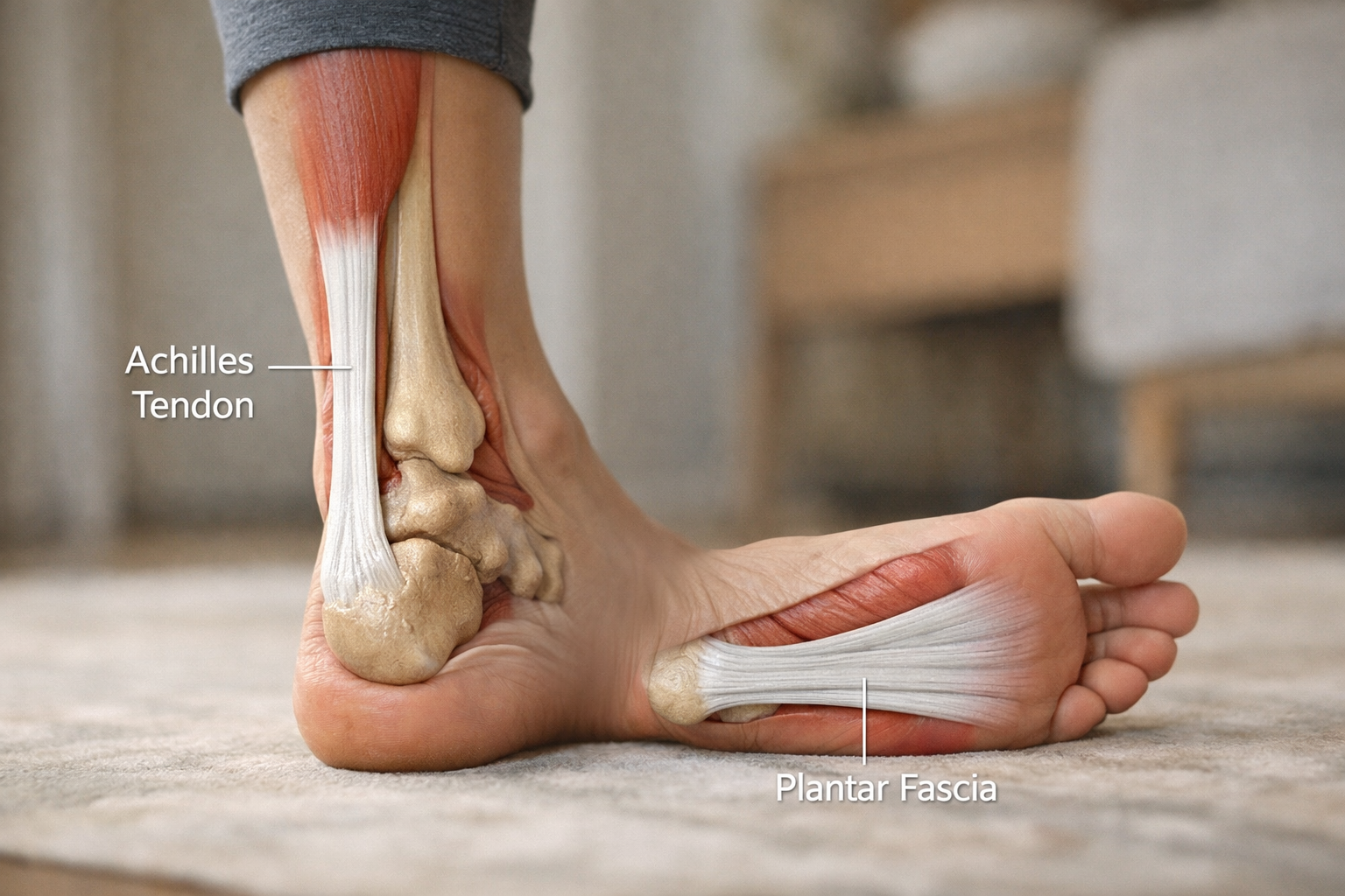 Anatomical diagram of the foot showing Achilles tendon and plantar fascia