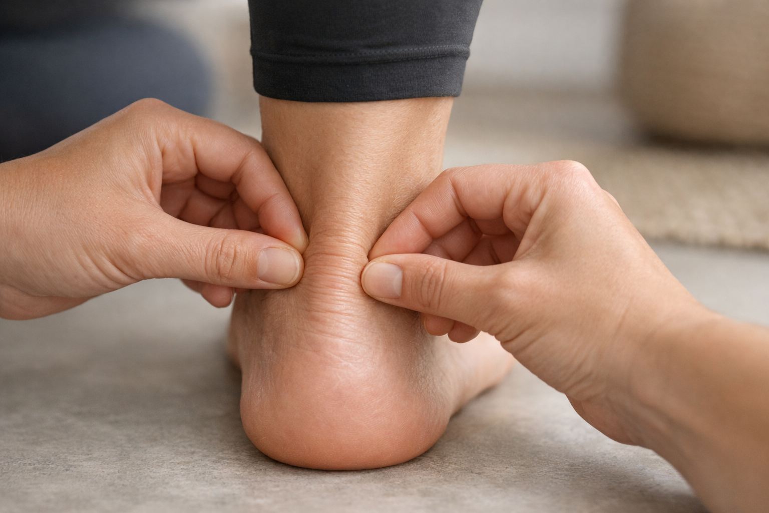 Hands demonstrating the pinch test technique on the Achilles tendon
