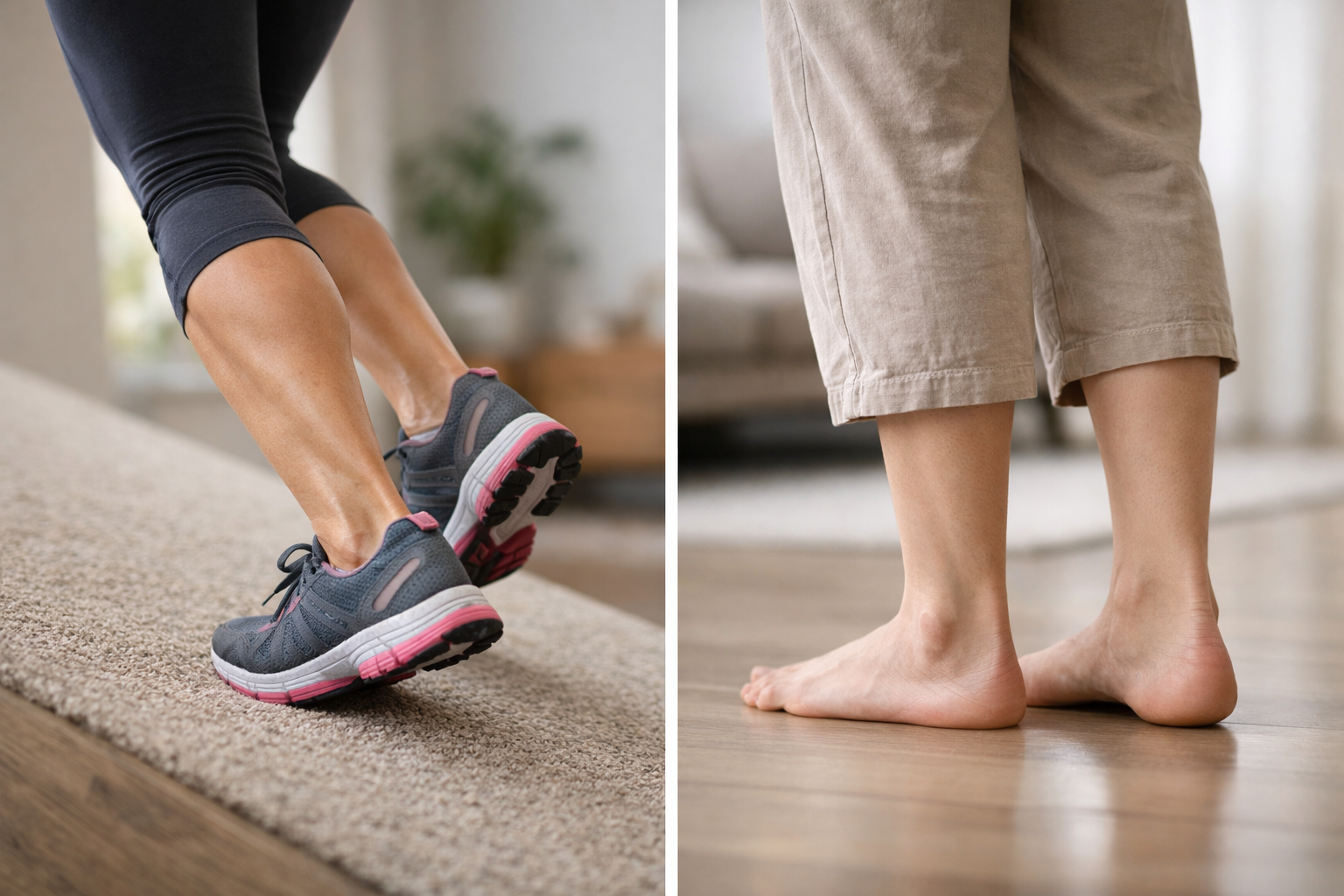 Person walking on hills versus standing on hard floor to illustrate different pain triggers