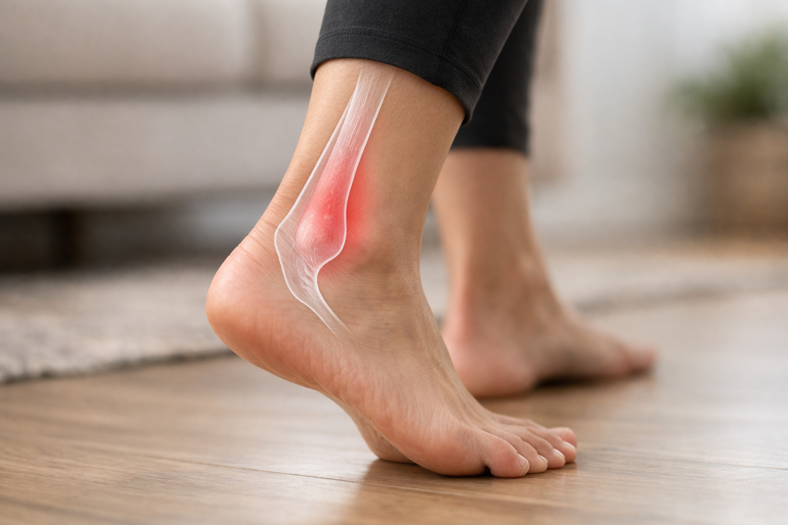 Highlighted tendon area on foot showing where tendonitis pain typically occurs