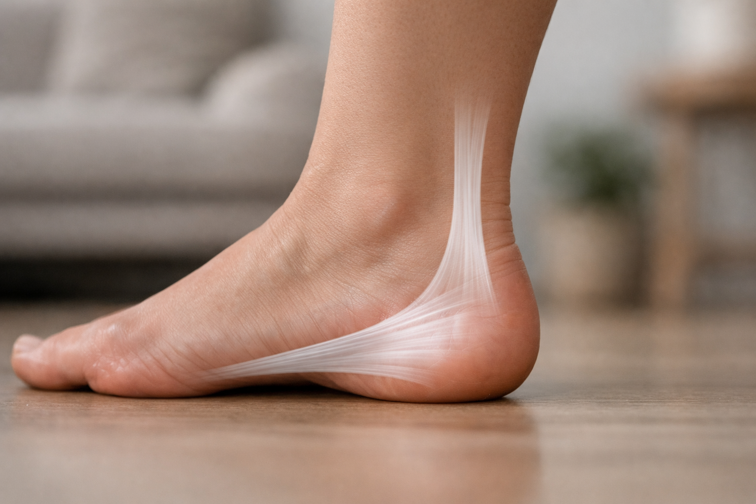 Anatomical view of the foot highlighting the plantar fascia and Achilles tendon to illustrate the difference between plantar fasciitis and tendonitis