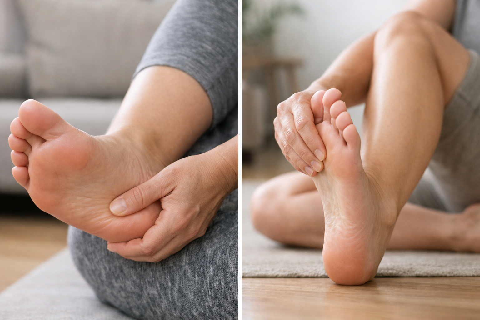Self-examination techniques for plantar fasciitis and tendonitis, including palpation and windlass tests
