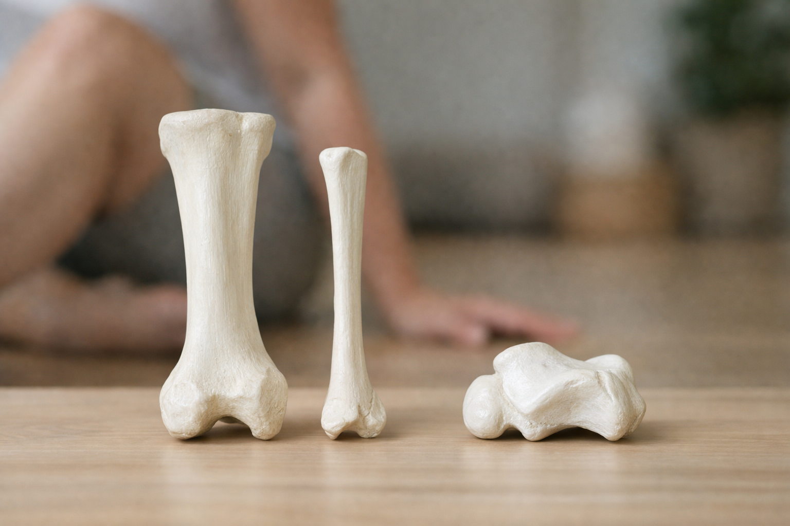 Comparison illustration of the three main ankle bones: tibia, fibula, and talus