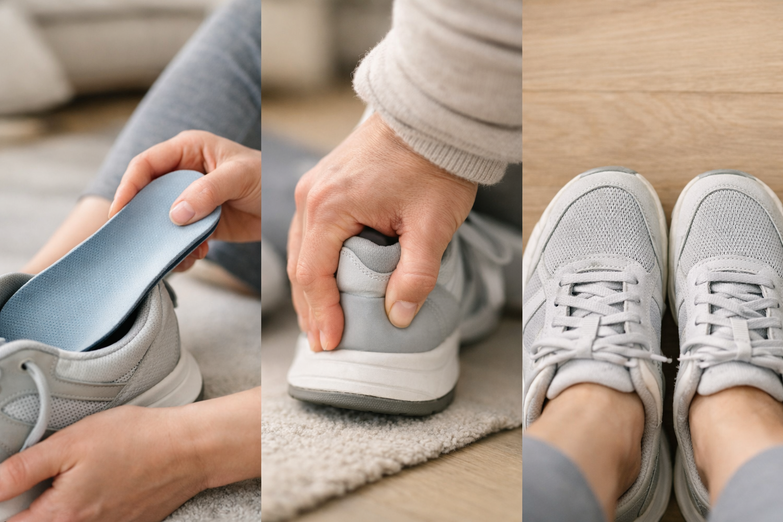 Detailed views of orthopedic shoe features including removable insoles, firm heel counters, and wide toe box design