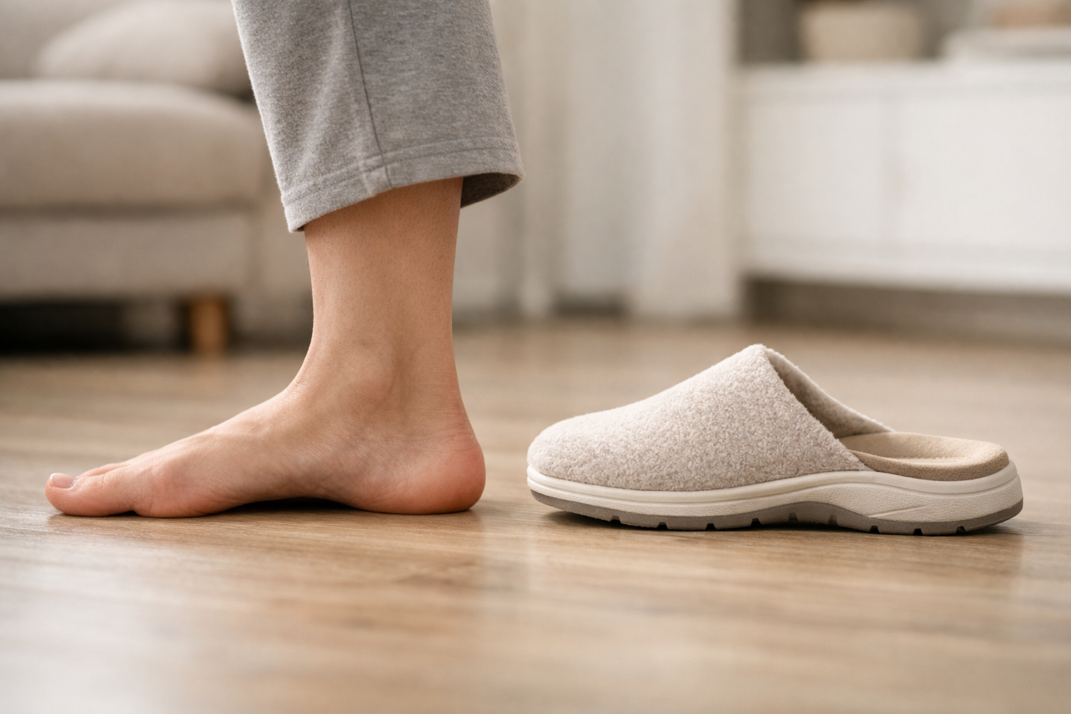 Supportive house slipper with structured sole and contoured footbed showing the difference from barefoot standing at home