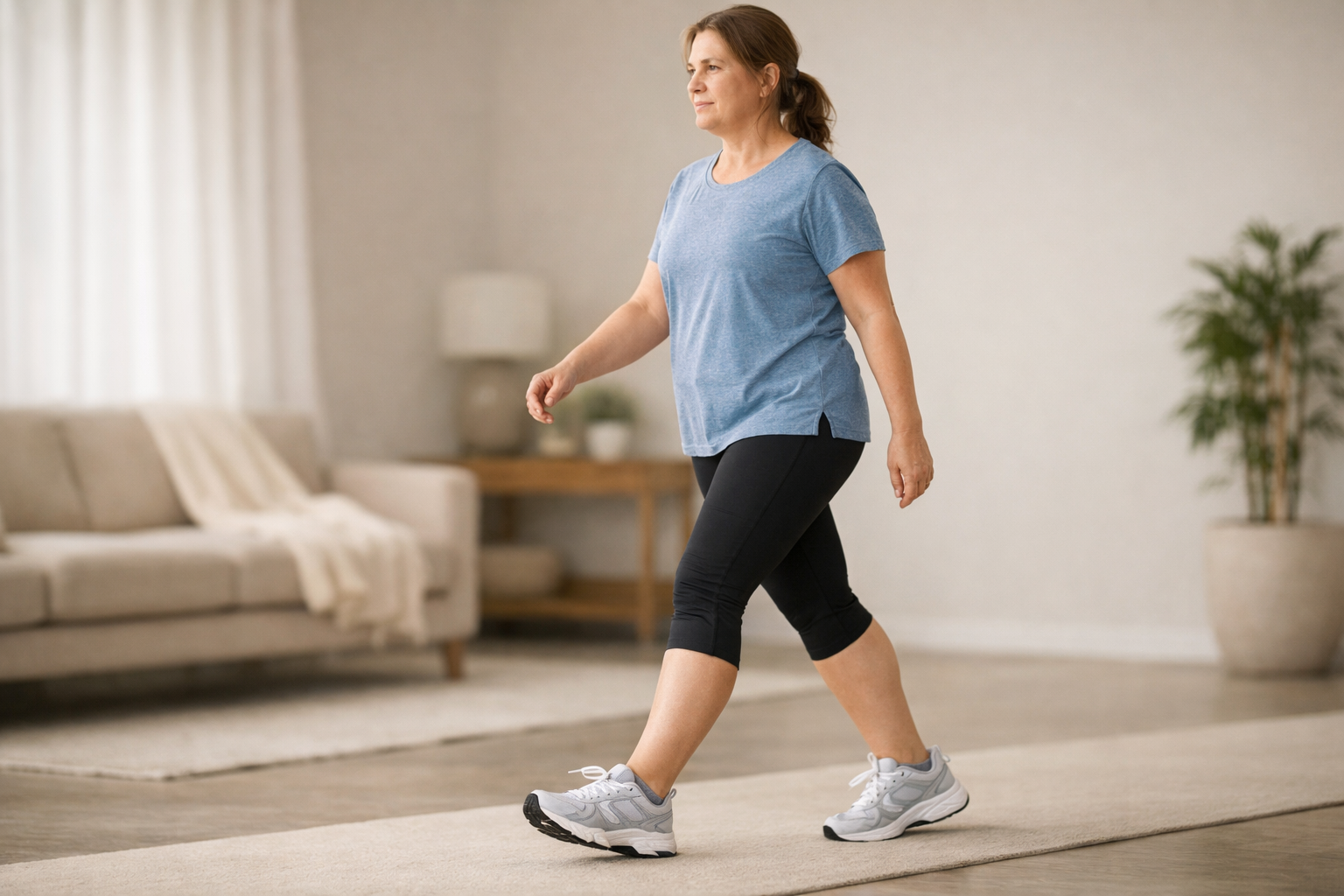 Person in supportive shoes walking on a smooth paved path