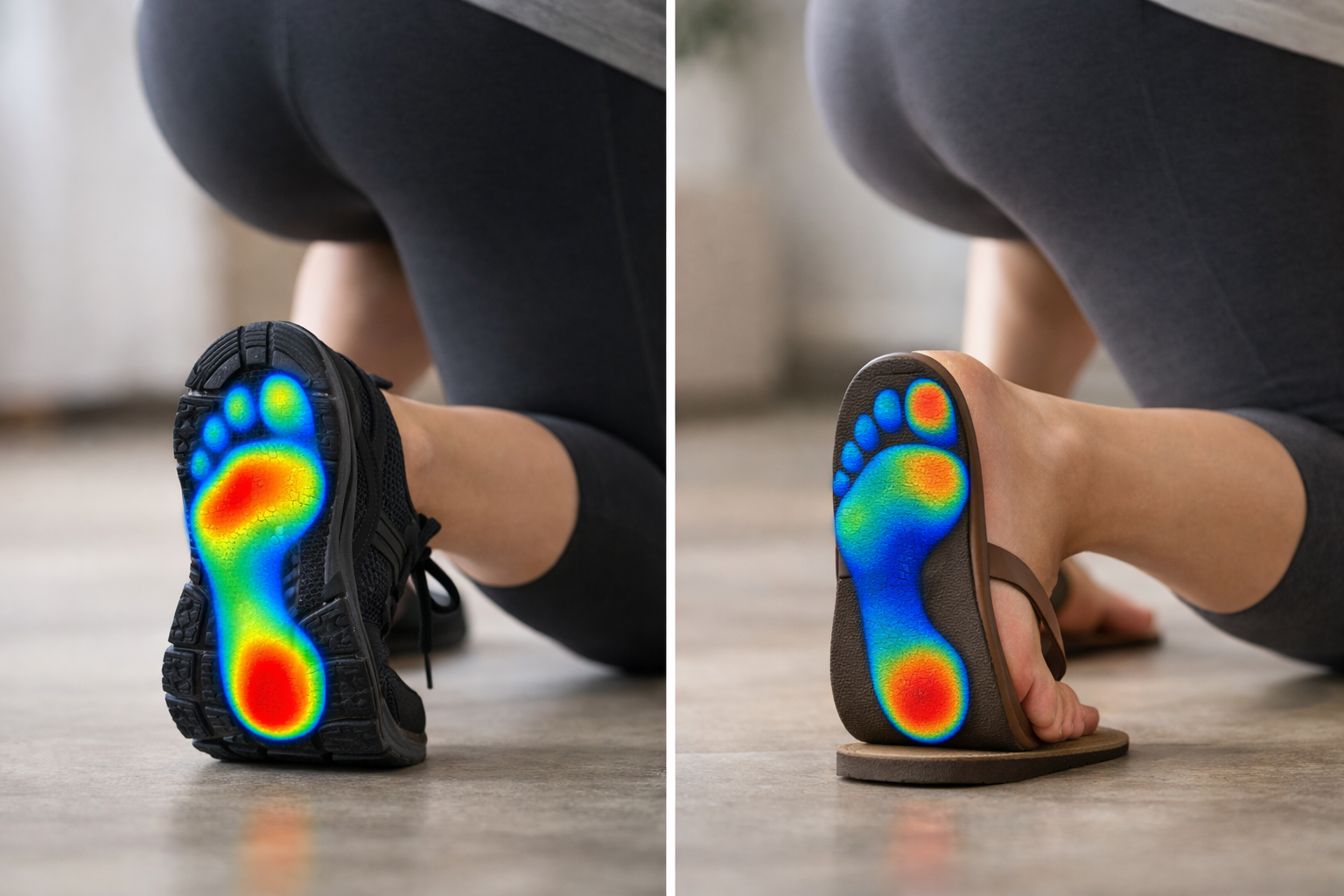 Comparison of foot position and load distribution between supportive shoes and flat sandals