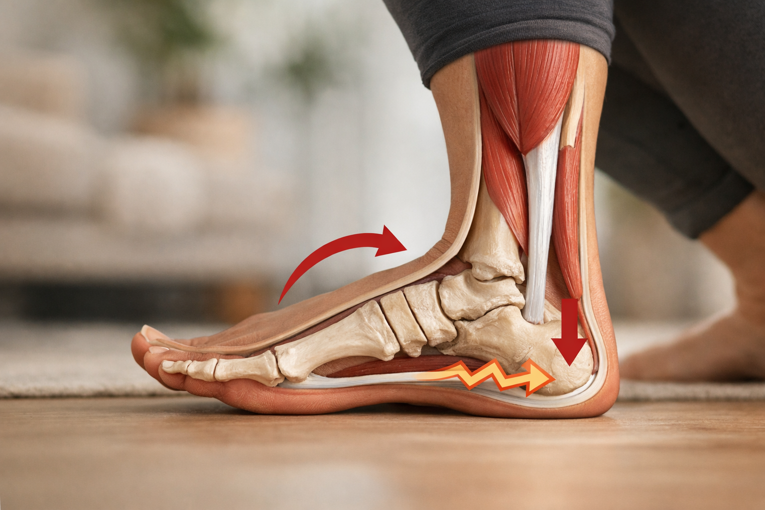 Illustration showing how calf stiffness limits ankle motion and increases plantar fascia strain