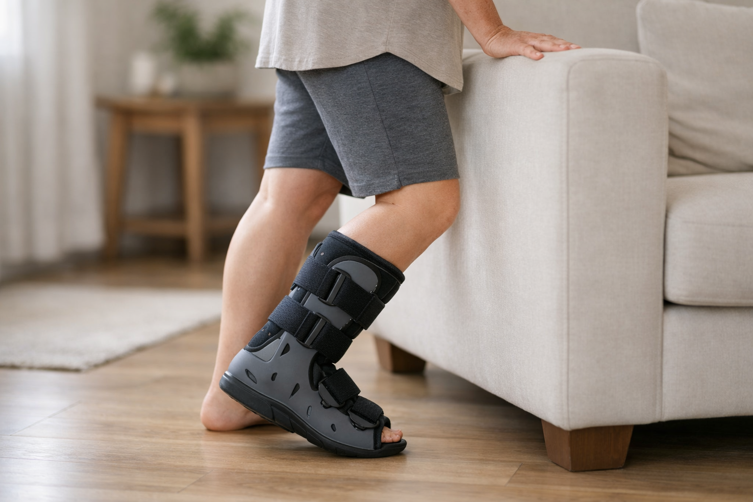 Person in protective walking boot during early Achilles recovery phase