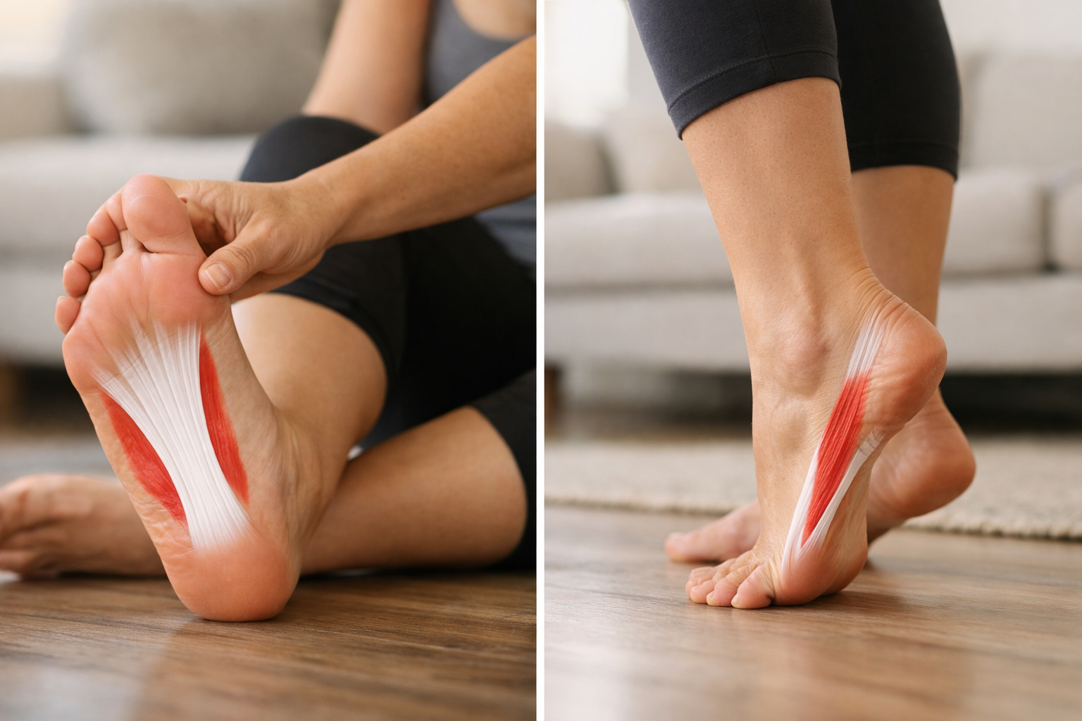 Anatomical diagram showing the plantar fascia band running from heel to toes and its connection to the calf muscle.