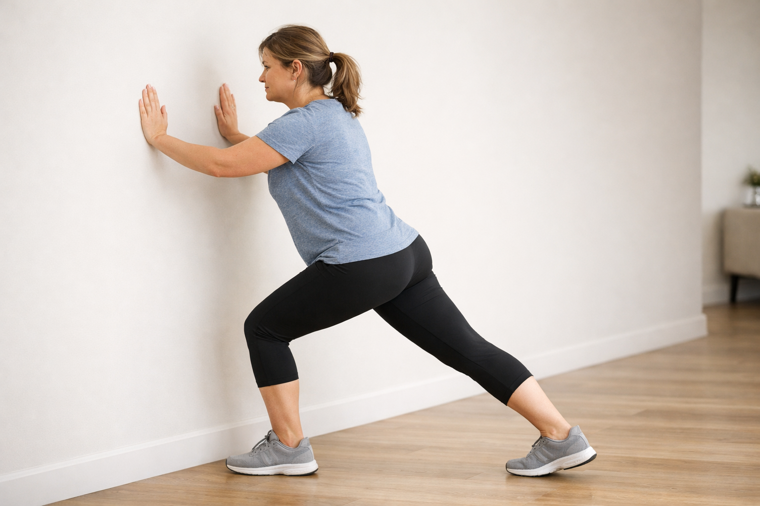 Person performing a wall-based calf stretch with straight leg and heel down, proper form for plantar fasciitis stretching.