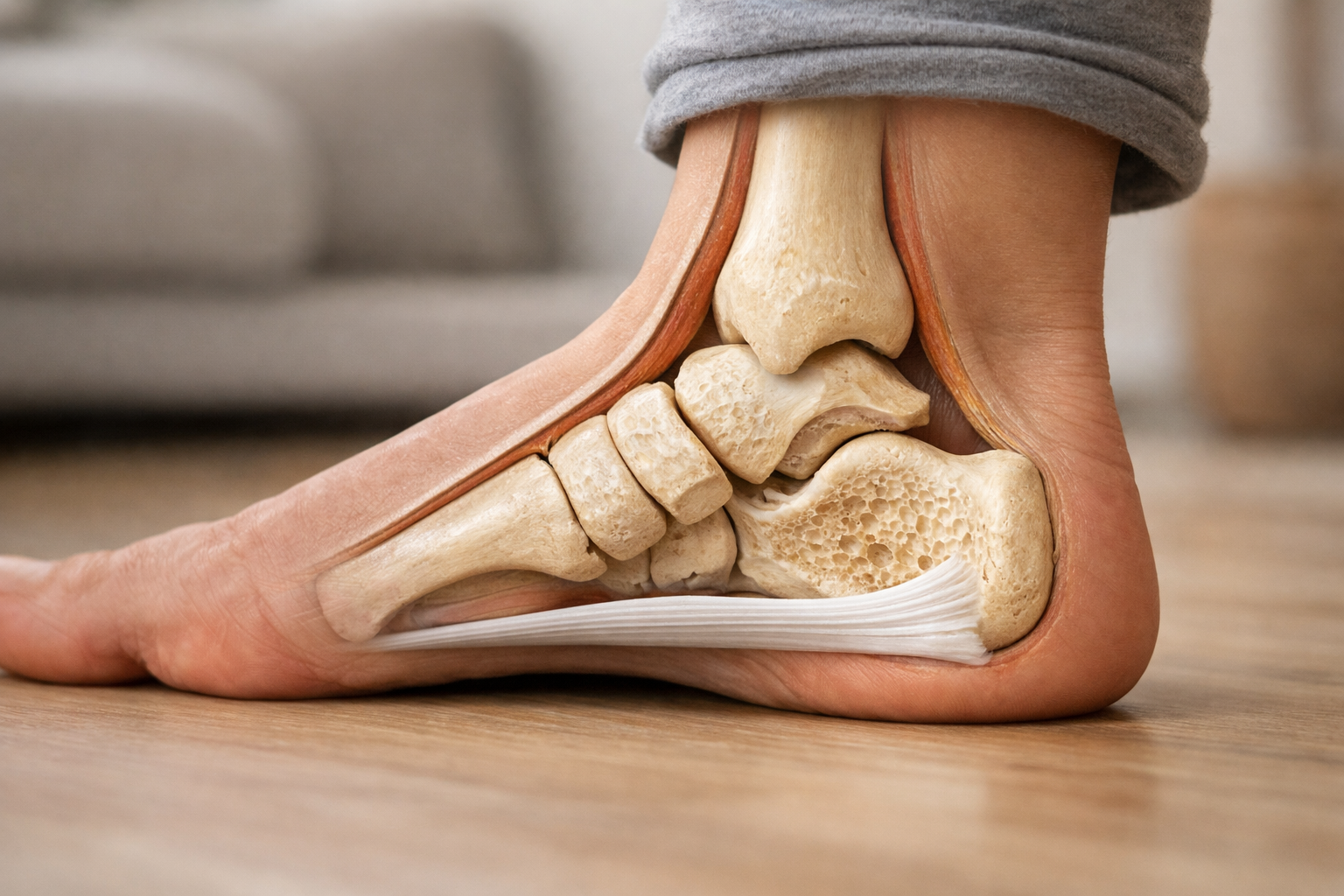 Anatomical illustration of heel bone showing where plantar fascia attaches