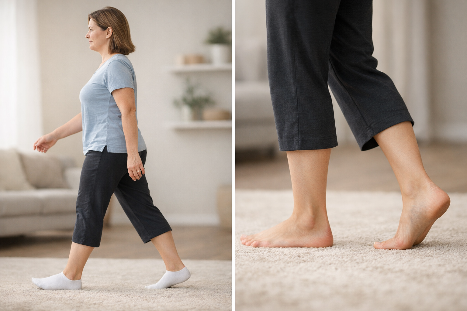 Person walking with good posture and neutral foot strike on soft ground