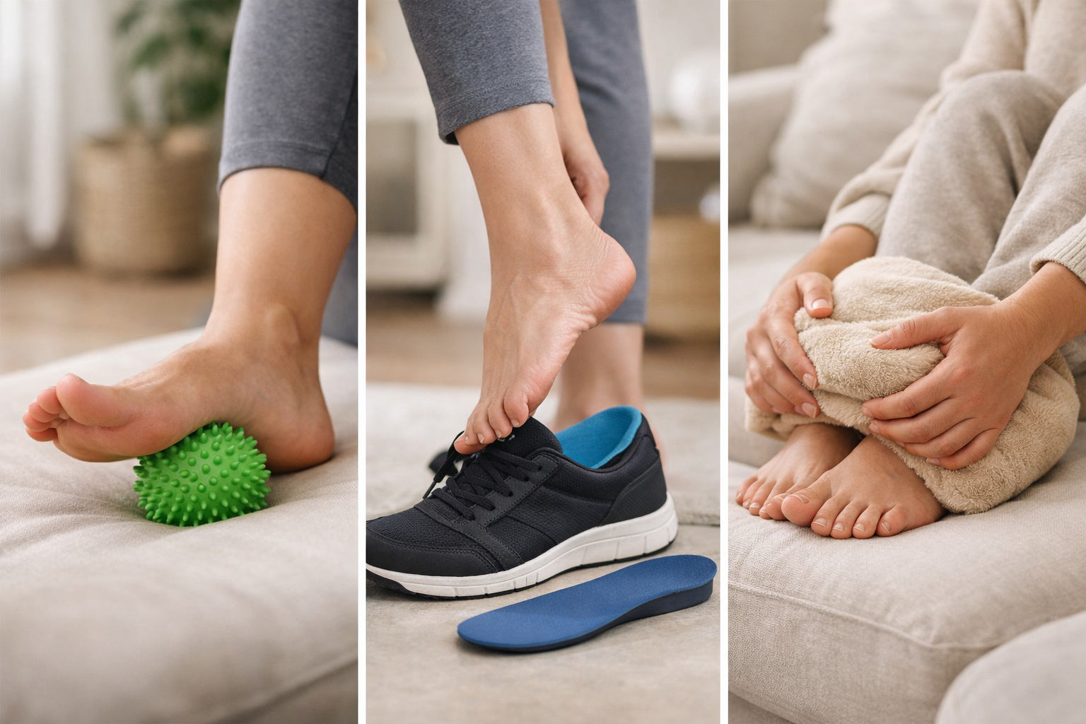 Home care items for heel pain relief including massage ball, supportive shoes, and cushioning