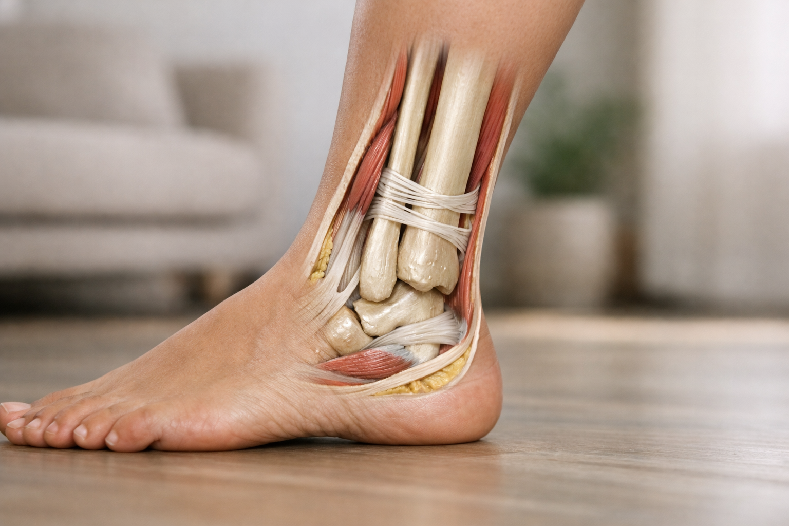 Anatomical illustration of the syndesmosis ligaments connecting the tibia and fibula above the ankle joint