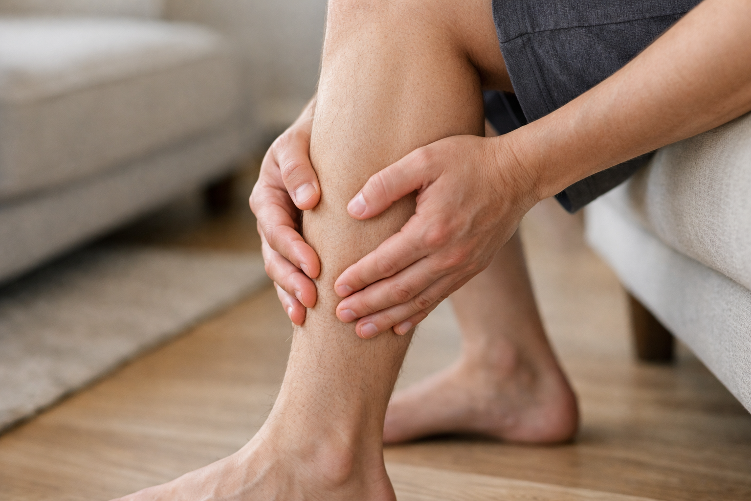 Clinician performing the squeeze test on a patient's calf to assess syndesmosis injury