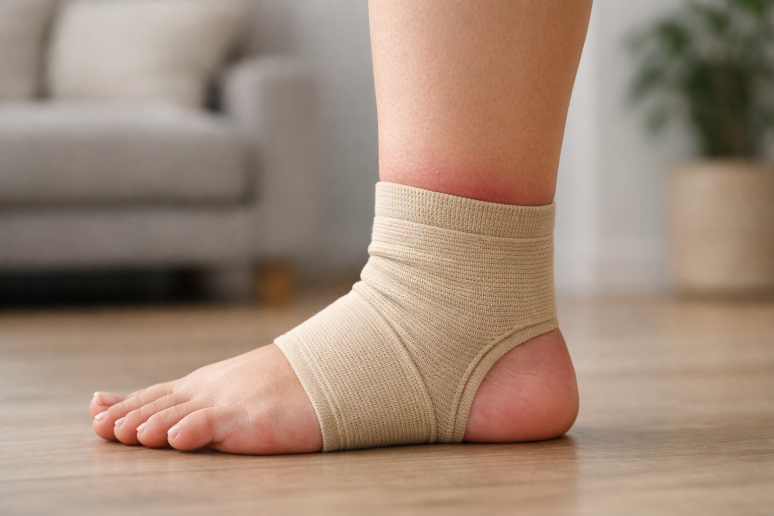 Sprained ankle wrapped in compression bandage for support and swelling management