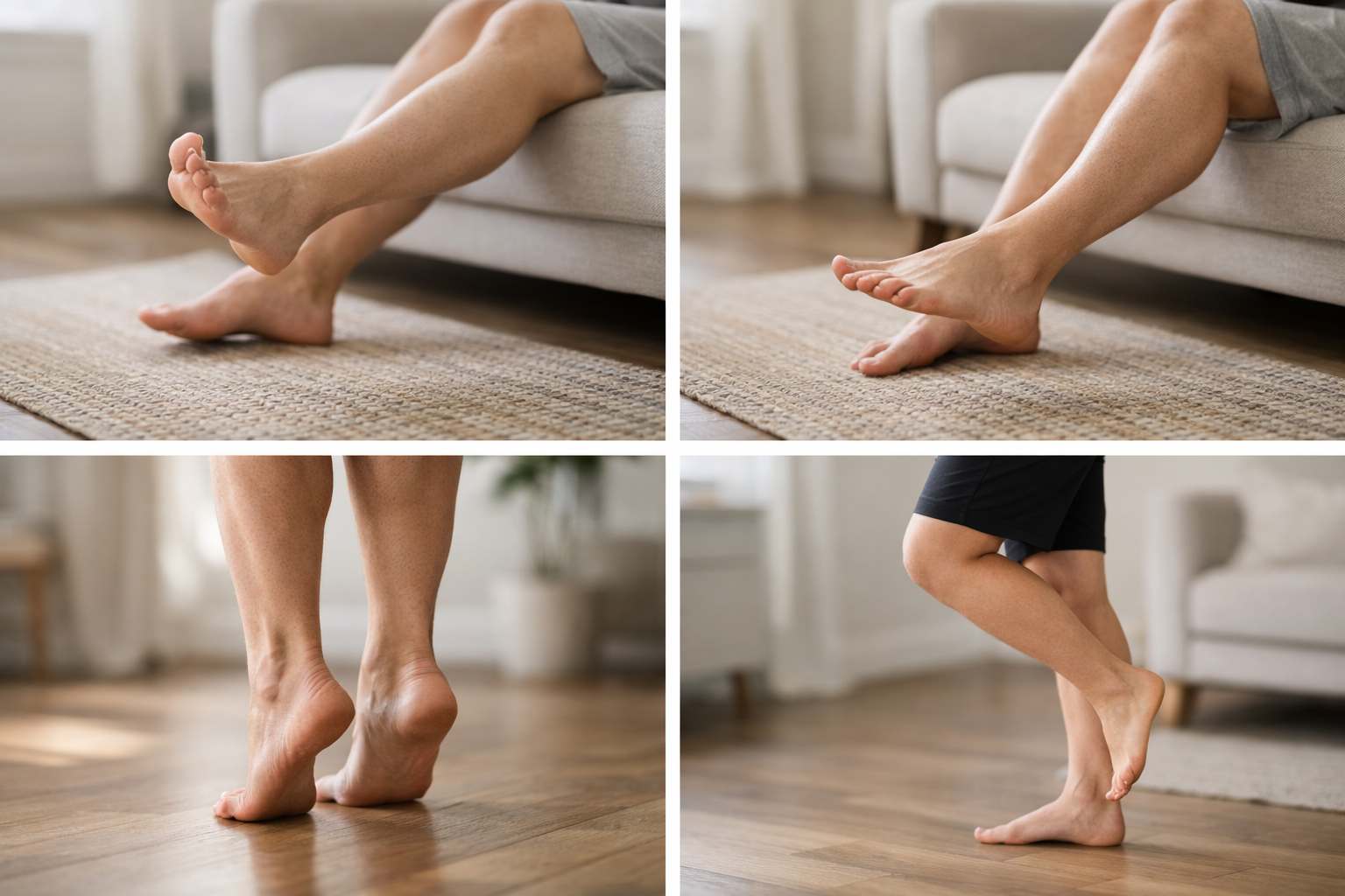 Four ankle rehabilitation exercises including circles, alphabet tracing, calf raises, and balance work