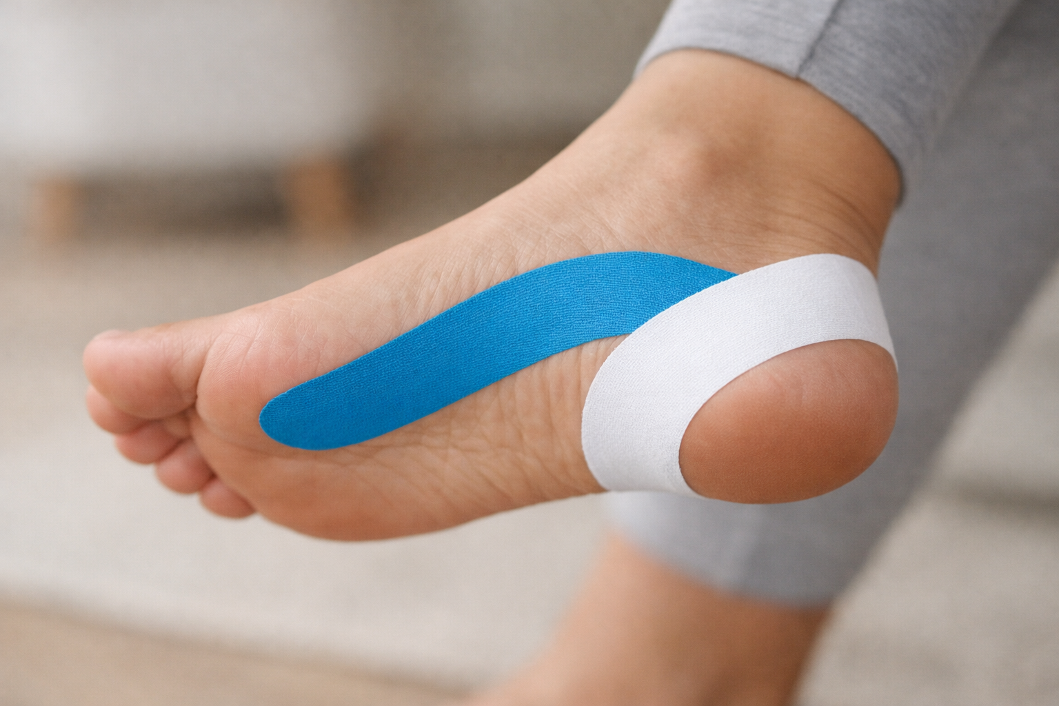 Foot with blue and white KT tape applied to the arch and heel for plantar fasciitis support