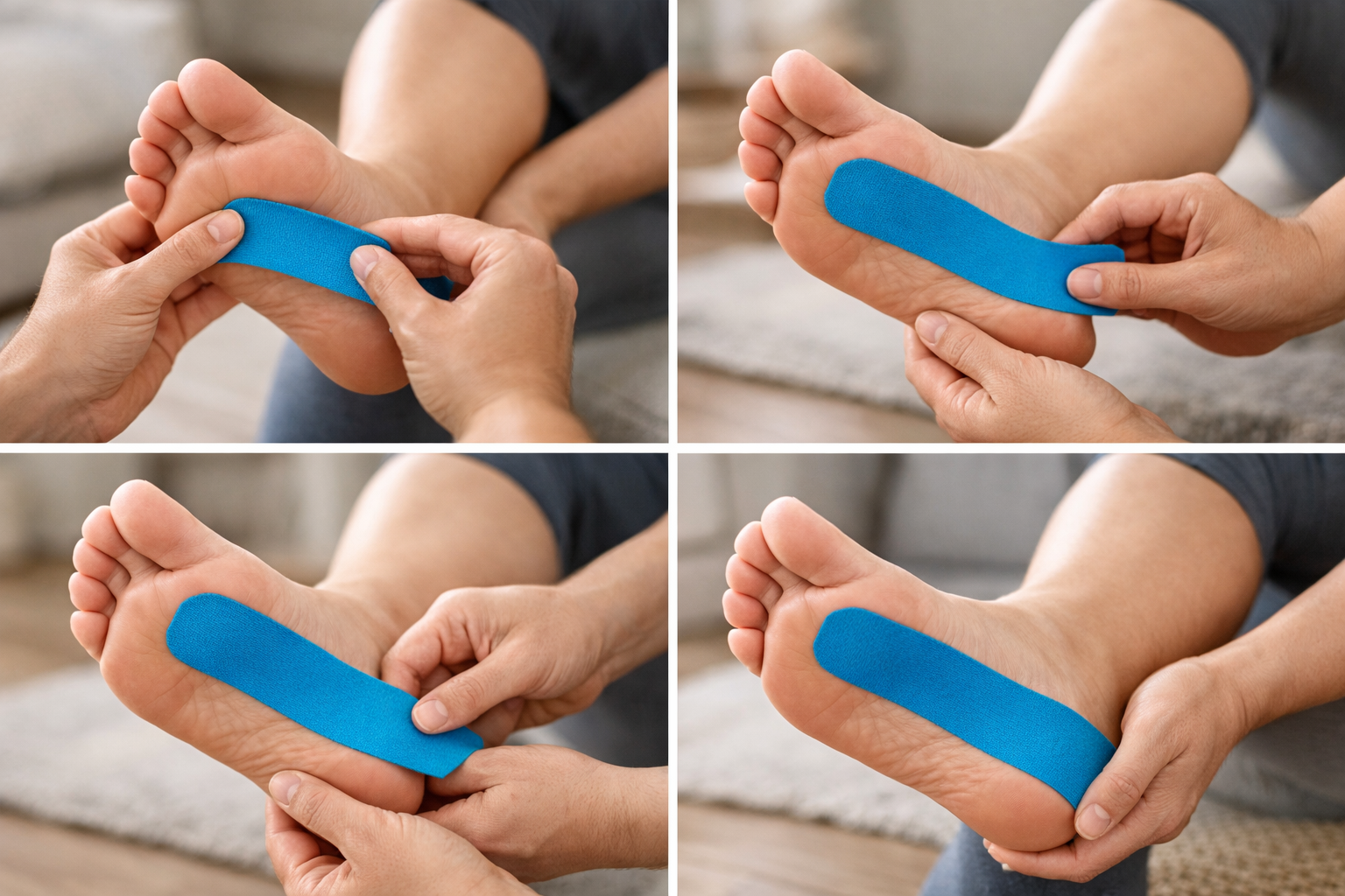 Step-by-step demonstration of applying KT tape to the foot arch and heel