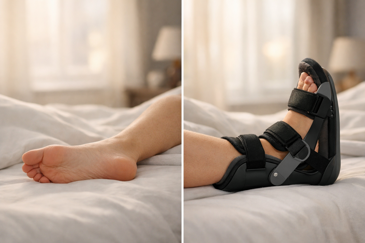 Illustration showing a foot at rest transitioning to wearing a plantar fasciitis night splint