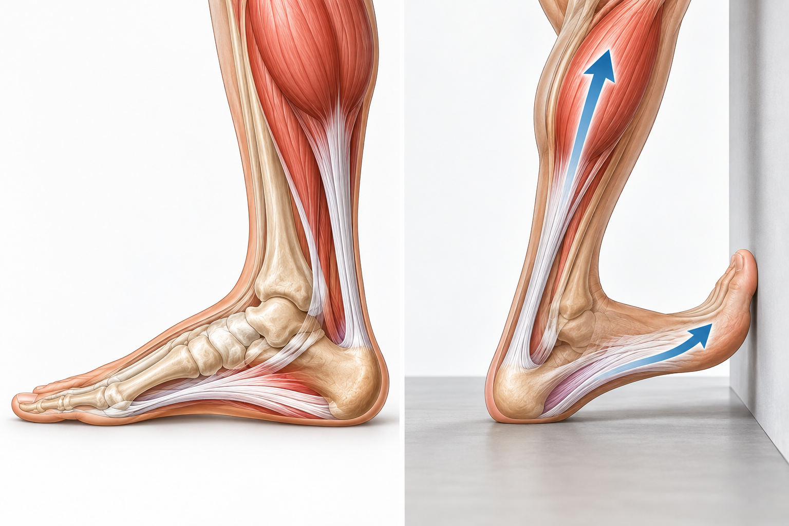 Anatomical diagram of the plantar fascia and calf muscle connection