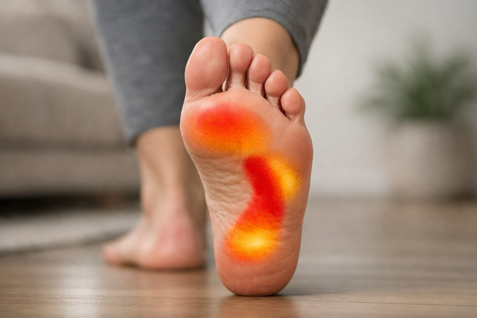 Anatomical illustration of foot pressure distribution and load zones on the heel and arch