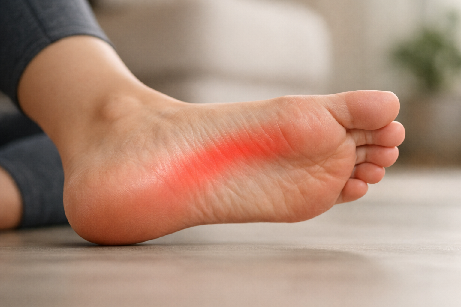 Close-up of a foot showing the arch and plantar fascia area