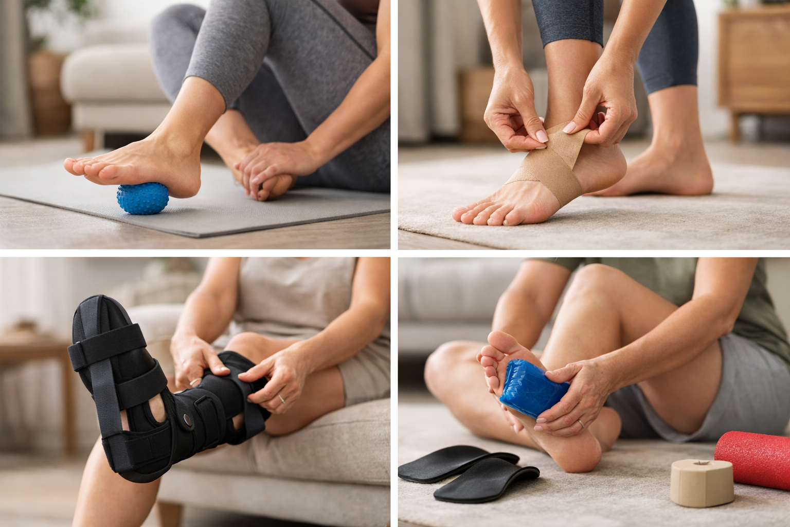 Collection of common plantar fasciitis treatment tools and aids