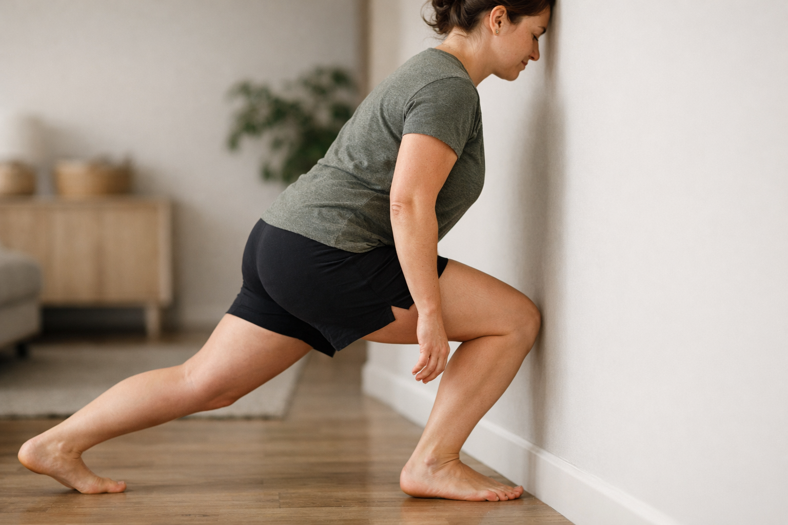 Knee-to-wall mobility test showing correct foot positioning and body alignment for assessing ankle dorsiflexion range