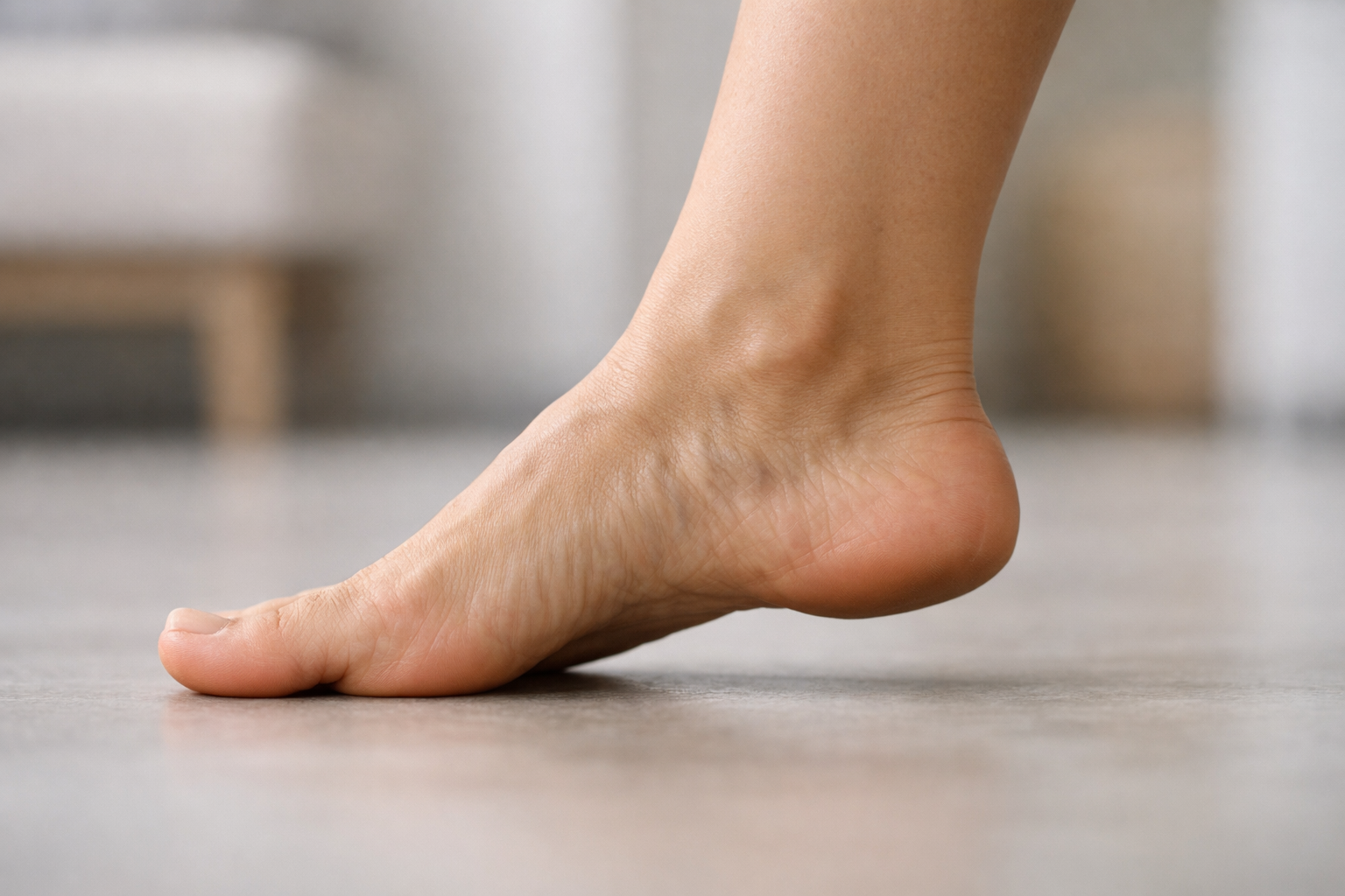 Side view of a foot mid-stride showing the arch absorbing weight while walking