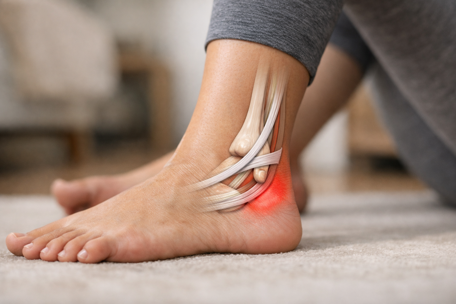 Anatomical illustration of the lower leg and ankle showing peroneal tendons and the outer ankle bone