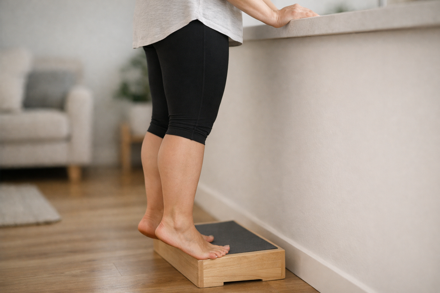 Person performing a slow, controlled calf raise with proper ankle alignment during tendon rehabilitation exercise