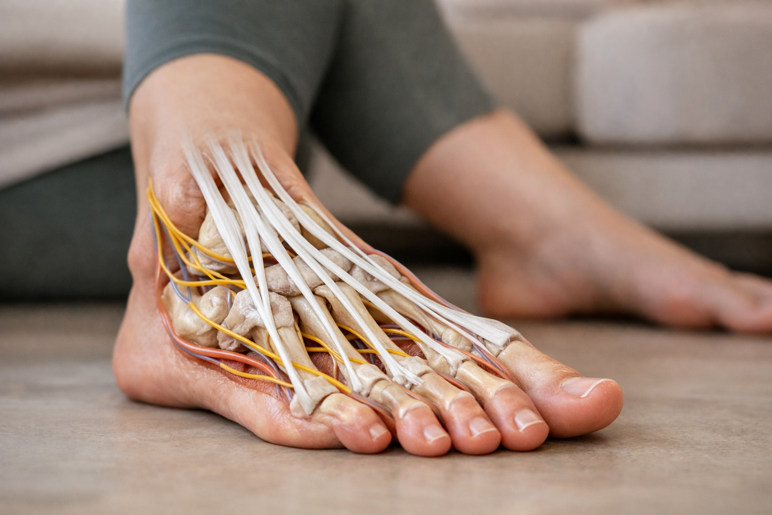 Diagram of foot anatomy showing extensor tendons, midfoot bones, joints, and nerves on top of the foot