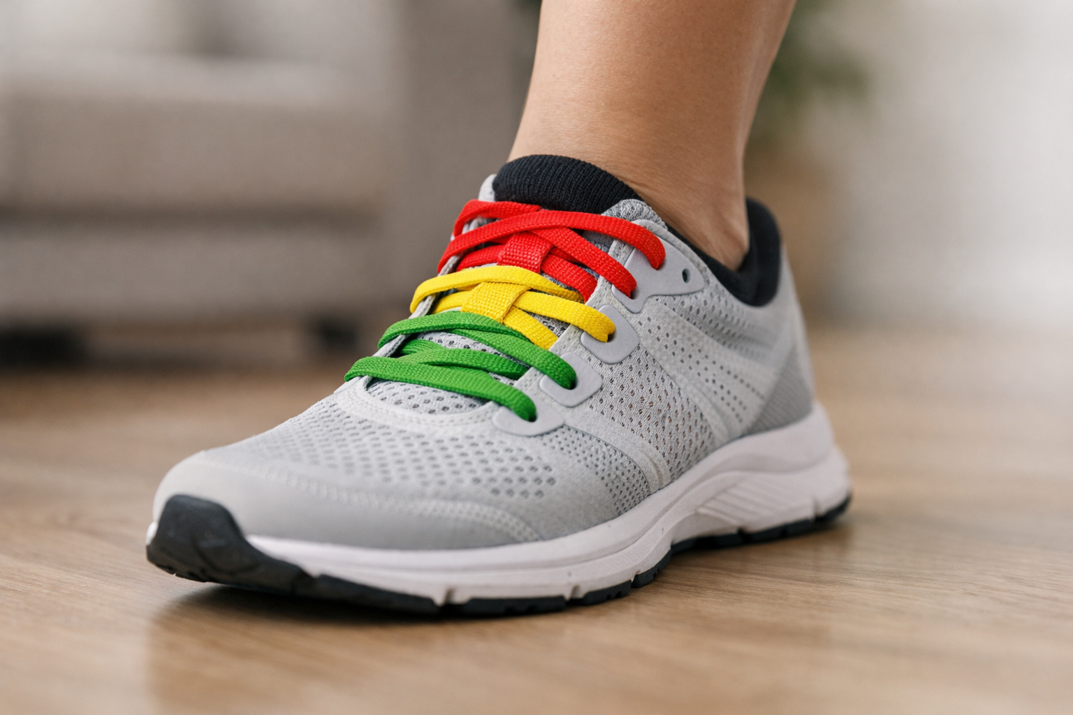 Running shoe with laces shown across the midfoot and ankle area to demonstrate lace pressure points