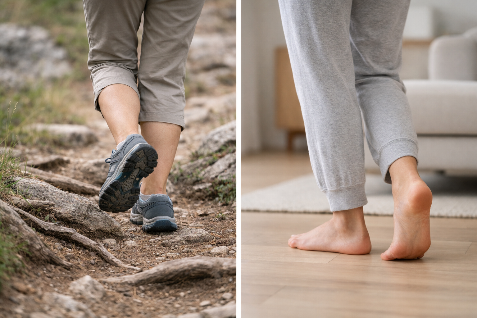 Person walking on an uneven outdoor path, demonstrating ankle stability during varied terrain