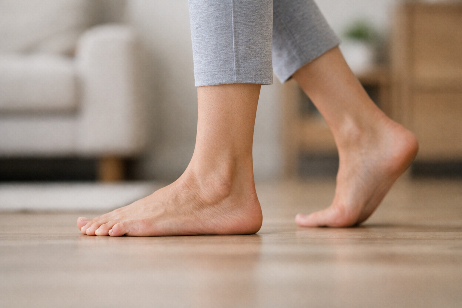 Person walking with proper gait on a flat surface to demonstrate safe movement for heel bursitis